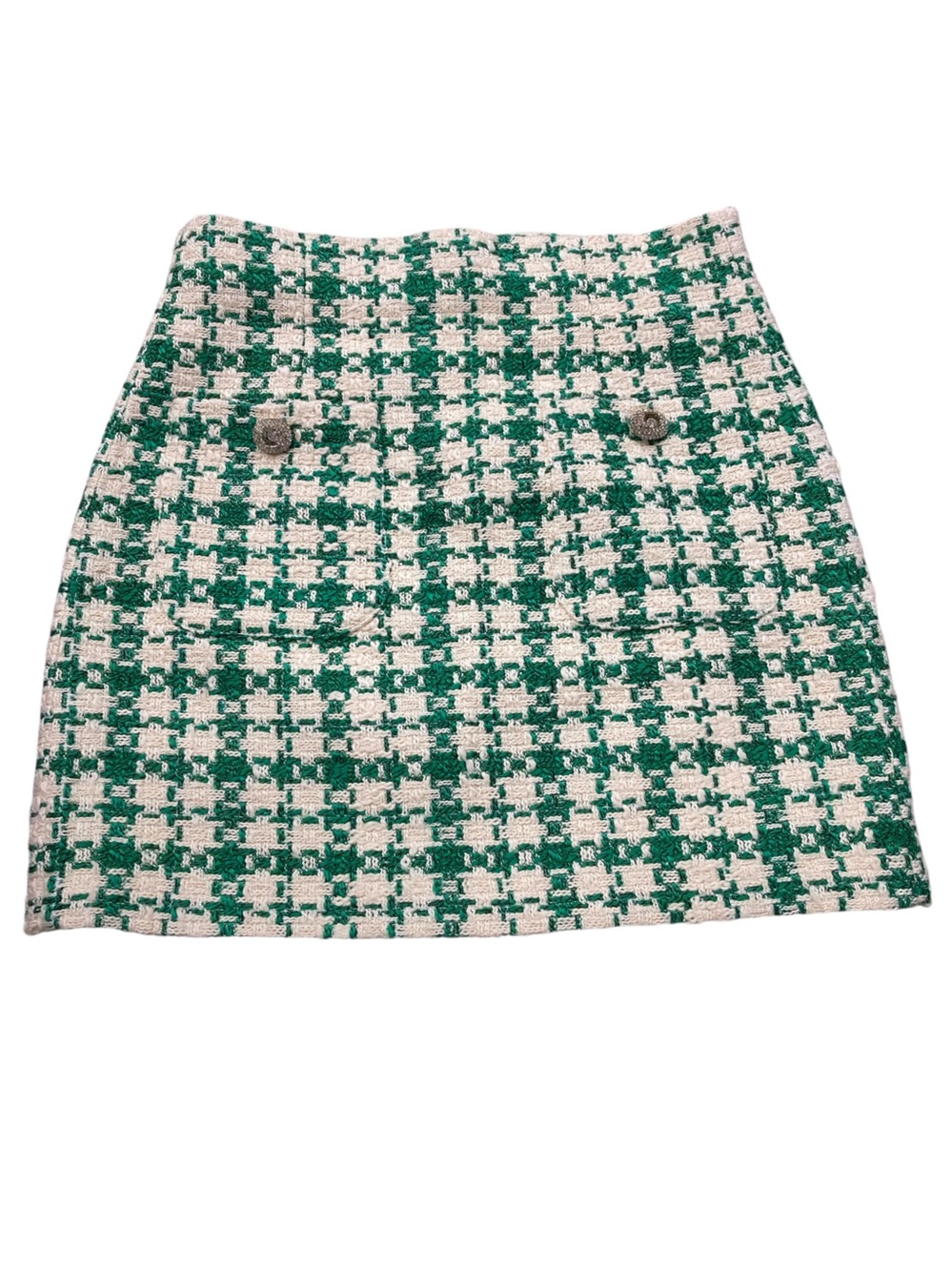 Zara Green Houndstooth Tweed Mini Skirt With Front Pockets